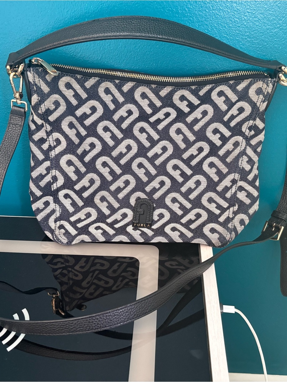 Furla Navy and Cream Monogram Crossbody Bag